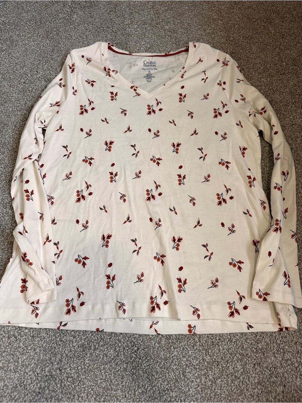 Croft & Barrow Cream V-Neck Tee with Rust Floral Accents